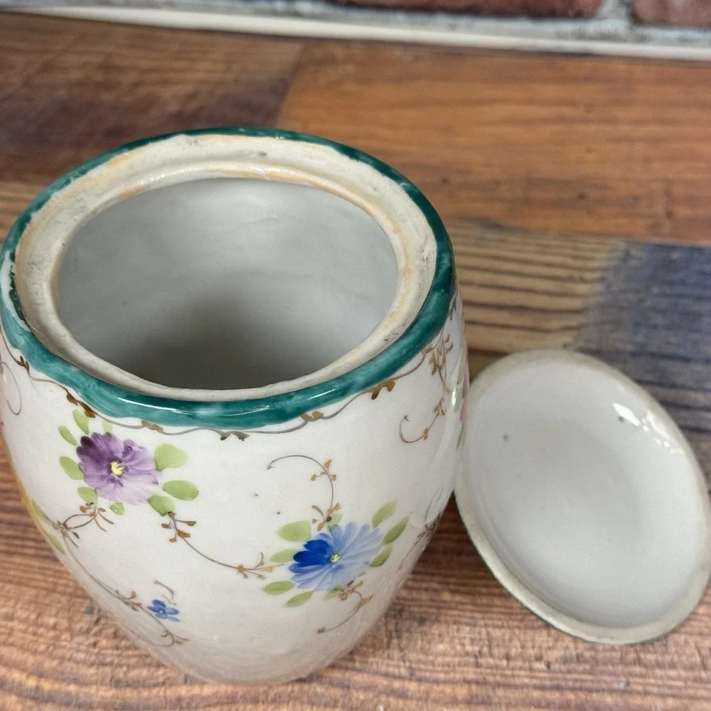 Antique Porcelain Biscuit/ Cookie Cracker Jar w‎ Lid Floral Hand-painted Kitschy